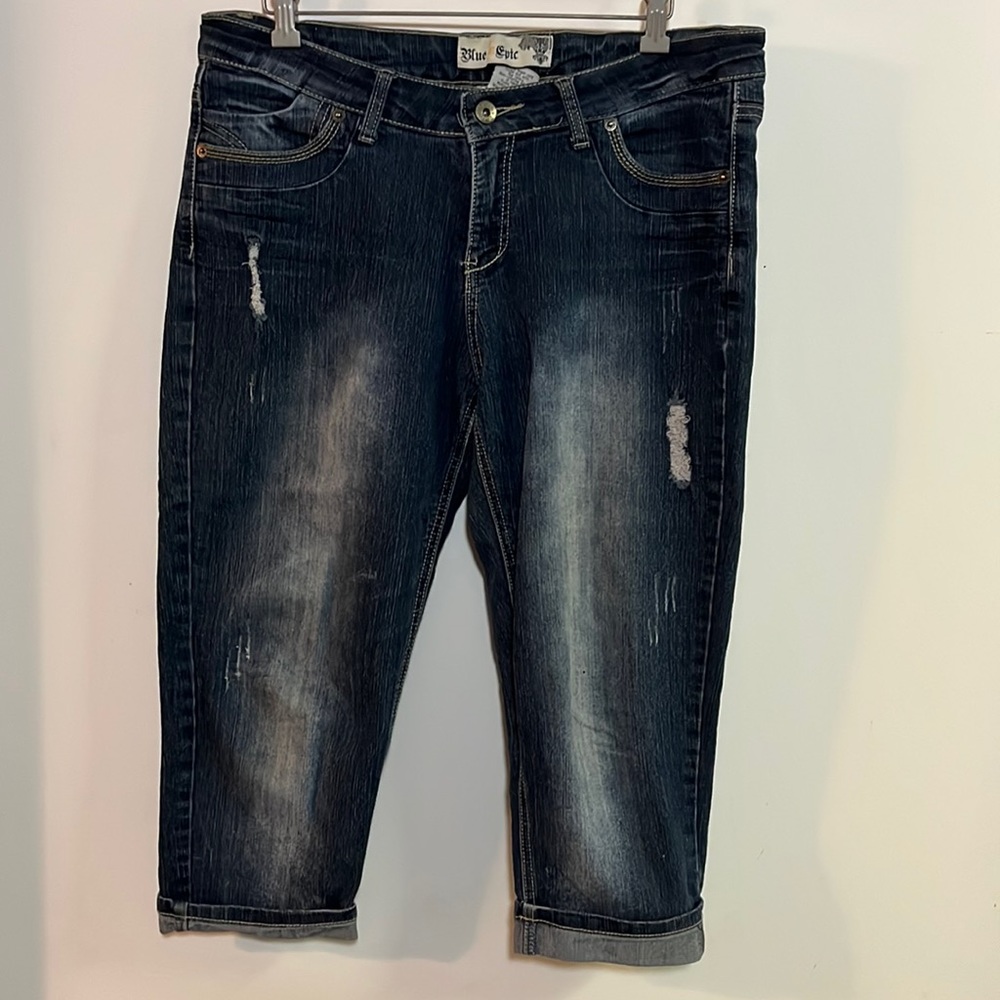 Blue Epic Dark Wash Distressed Capri Jeans Cropped Denim 10 EUC